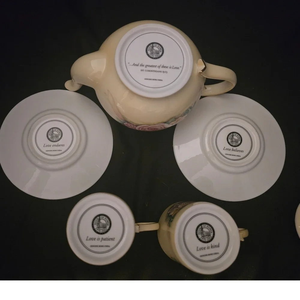 Hour of Power Bone China Tea Set Floral Rose‎ 1st Corinthians 13 Teapot Cups